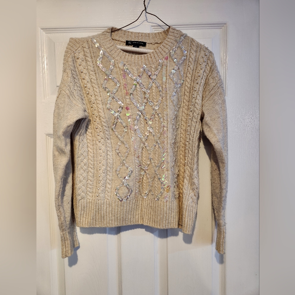 INC International Concepts Beige Sequin Cable Knit Sweater